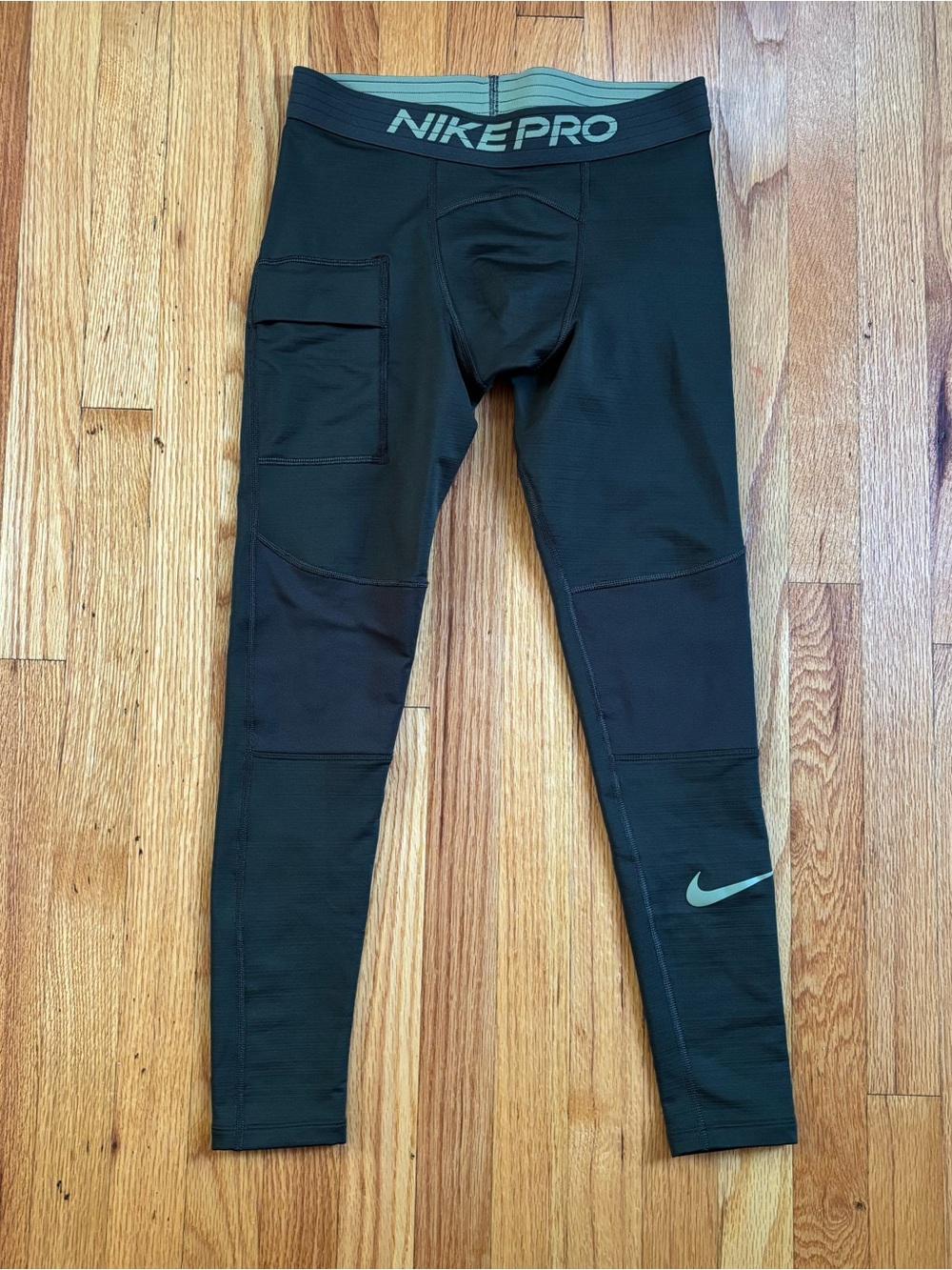 Nike Pro Warm Men's Compression Fleece Lined Olive Green Tights Medium